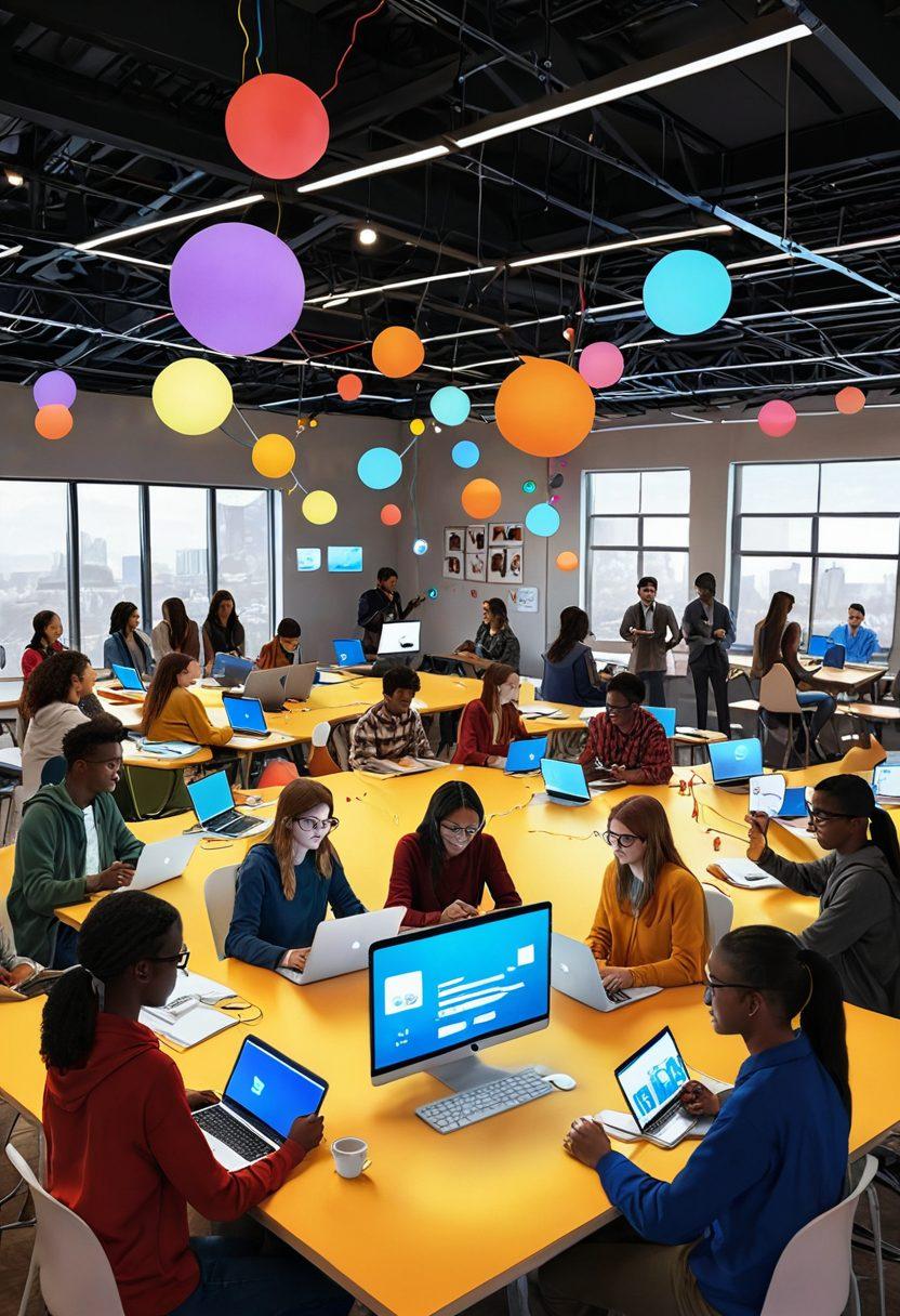 A diverse group of students collaborating online, with vibrant digital bridges connecting them across a virtual landscape. The scene includes various devices like laptops and tablets, depicting a lively e-learning environment filled with interactive elements like chat bubbles and shared files. Soft lighting and colorful icons symbolize peer relationships and communication. super-realistic. vibrant colors. tech-inspired.