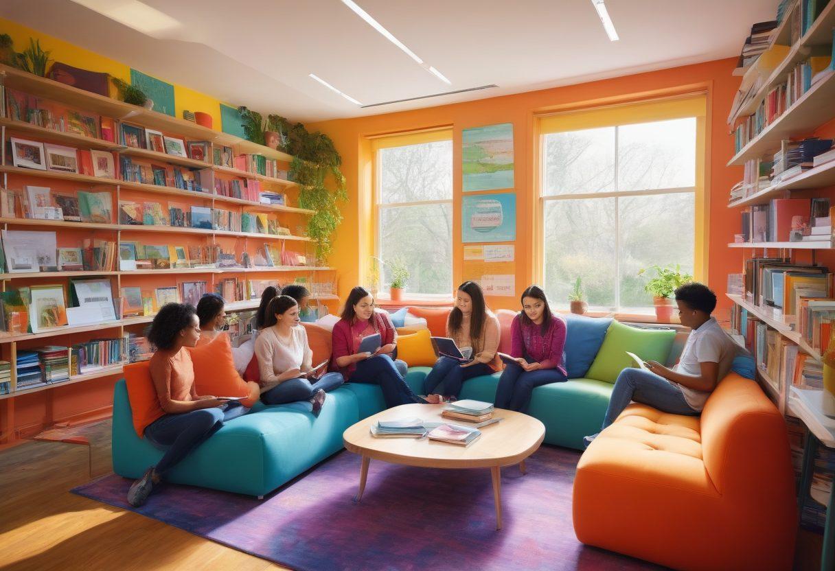 An artistic representation of diverse students collaborating in a bright classroom filled with books and technology. They are engaged in group discussions, sharing ideas passionately, embodying friendship and collaboration. Include elements like colorful charts and a comfort corner with cushions to indicate a nurturing environment. The atmosphere should be warm and inviting, highlighting positivity and engagement. vibrant colors. painting.