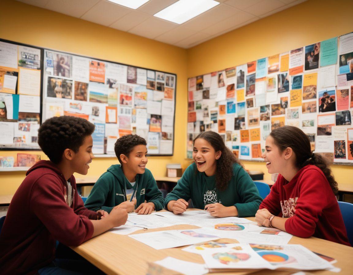 A dynamic classroom scene filled with diverse adolescents engaged in a collaborative project, showcasing meaningful interactions with enthusiastic teachers. Include elements like colorful posters on the walls, inspiring quotes, and students actively expressing themselves through discussions and creativity. The atmosphere should be warm and inviting, emphasizing connection and passion for learning. super-realistic. vibrant colors. warm lighting.